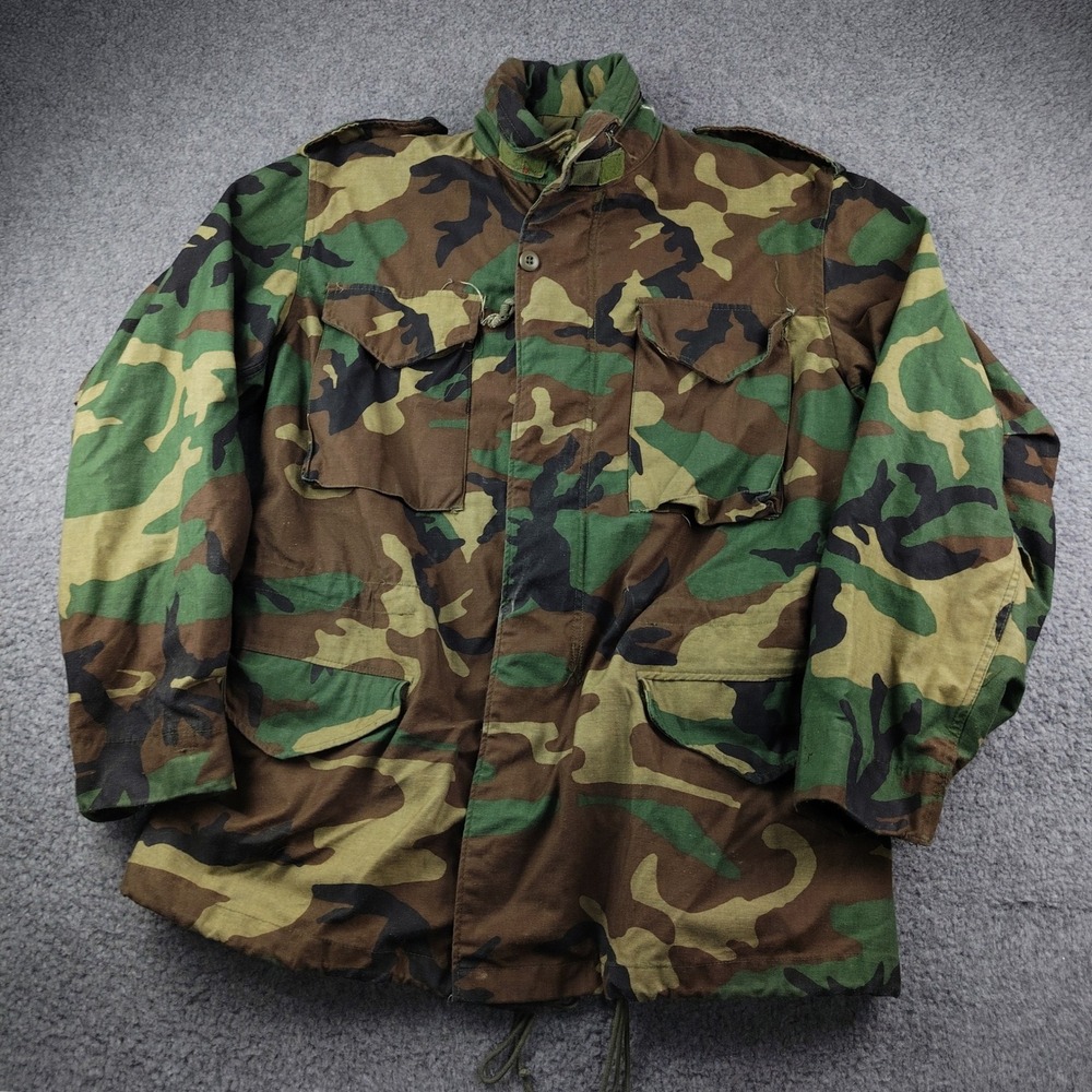 VTG 80s Alpha Industries Field Jacket Mens Medium Long M65 Woodland Camo EUC